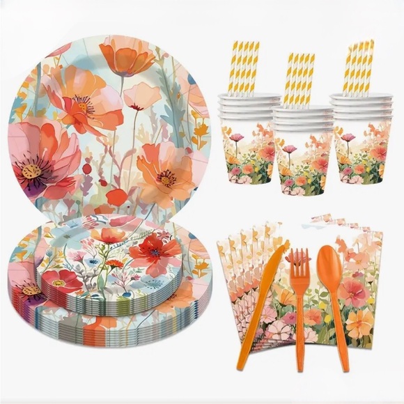 80-pc Vibrant Peachy Salmon Paper Tableware Party - Set for 10 - Picture 6 of 6